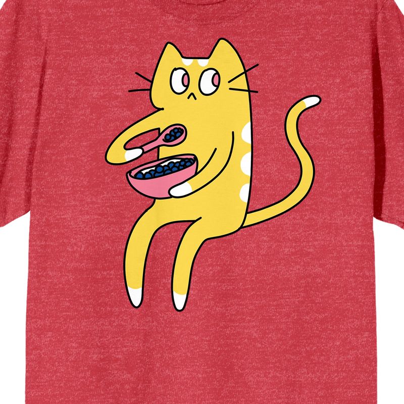Derpy Kitty Yellow and White Cat Eating Cereal Men's Red Heather Graphic Tee, 2 of 4