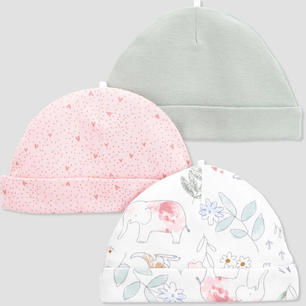 Size NB (0-3M) Baby Girls' 3pk Caps - Just One You made by carter's Pink/Gray