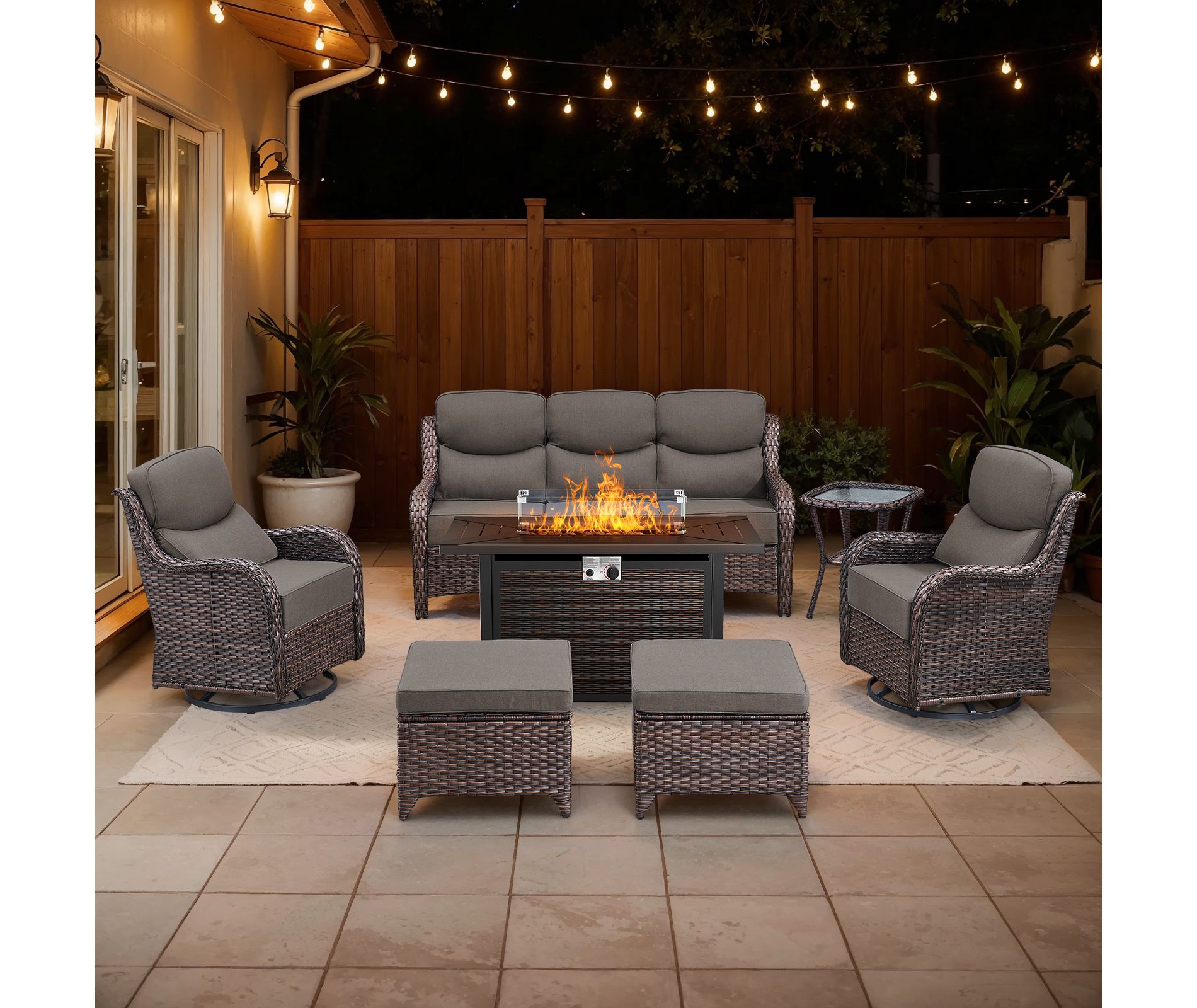 Belord Patio Furniture Set with 6-INCH Extra Thick Cushion, 7 Pieces Patio Furniture Set with Firepit Table, Swivel Chair, Couch, Side Table, Ottoman