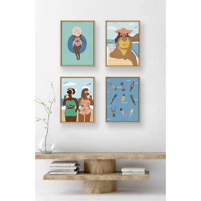 Natural Framed Canvas Print with Swimmers in Bright Colors