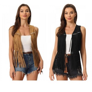 INSPIRE CHIC Women's 70s Western Open Front Faux Suede Fringe Vest 2 Packs - 1 of 4