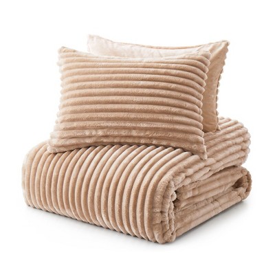 Camel Ribbed Flannel Down Alternative Comforter Set, Queen