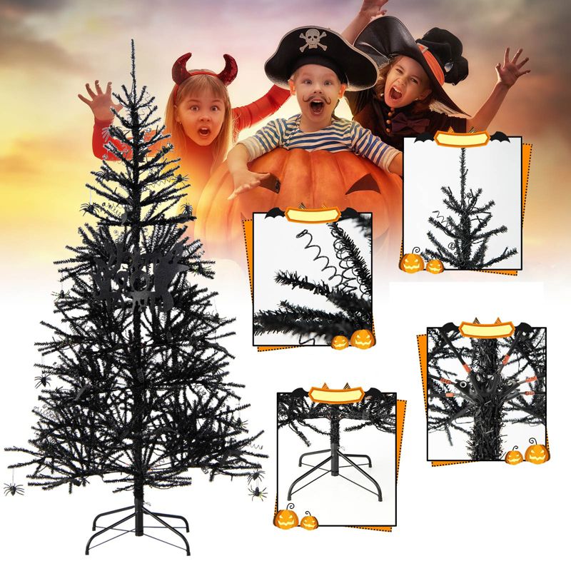 Tangkula 6FT Black Halloween Tree Artificial Hinged PVC Christmas Tree w/250 LED lights, 5 of 11