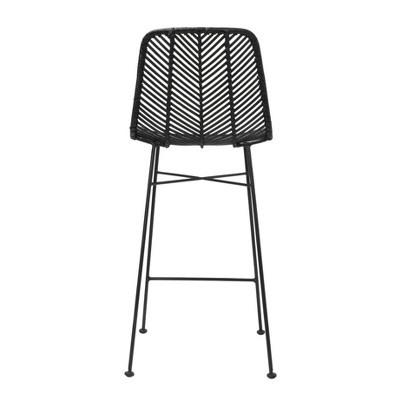 Tropical Chic Black Rattan and Metal High-Back Bar Stool