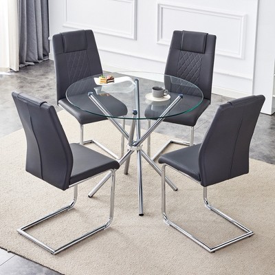 5-Piece Dining Set with Glass Round Table and 4 PU Armless Chairs
