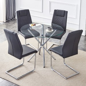 5-Piece Dining Set with Glass Round Table and 4 PU Armless Chairs - 1 of 4