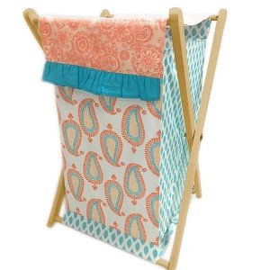 Bacati - Sophia Paisley Aqua/Coral Laundry Hamper with Wooden Frame - 1 of 4