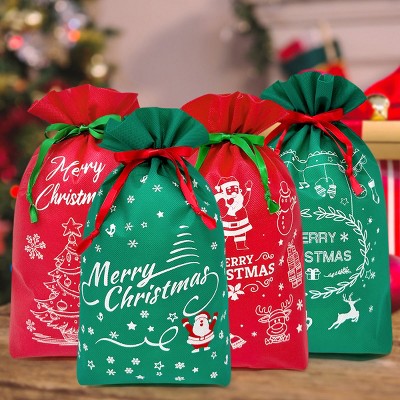 Festive Red and Green Non-Woven Christmas Drawstring Gift Bags Set