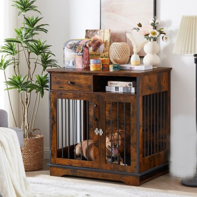 32Inch Dog Crate Wooden Lockable Dog Kennel with Removable Tray and Storage Drawer Indoor Dog Crate Furniture End Table Pet Cage Rustic Brown
