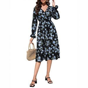BLUEMING Womens V Neck Long Sleeve Peasant Dress Poet Sleeve Dress Surplice Shirred Waist Tiered Womens Fall Fashion, black - S - 1 of 4