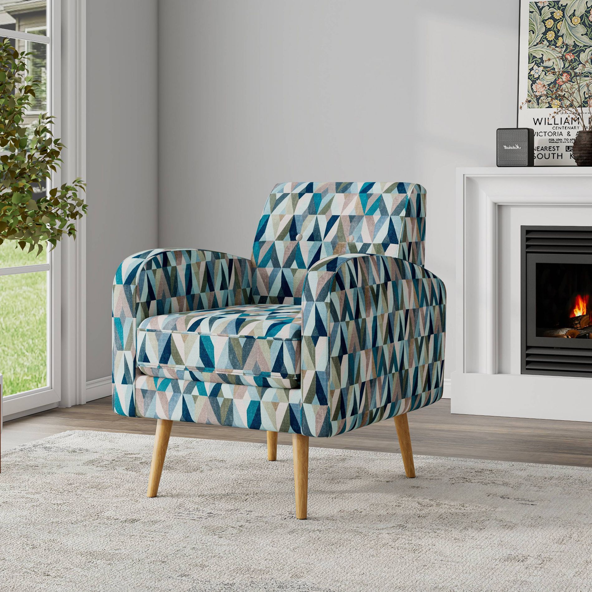 Handy Living Mindy Mid-Century Modern Accent Armchair Prism Pattern Vibrant Blue