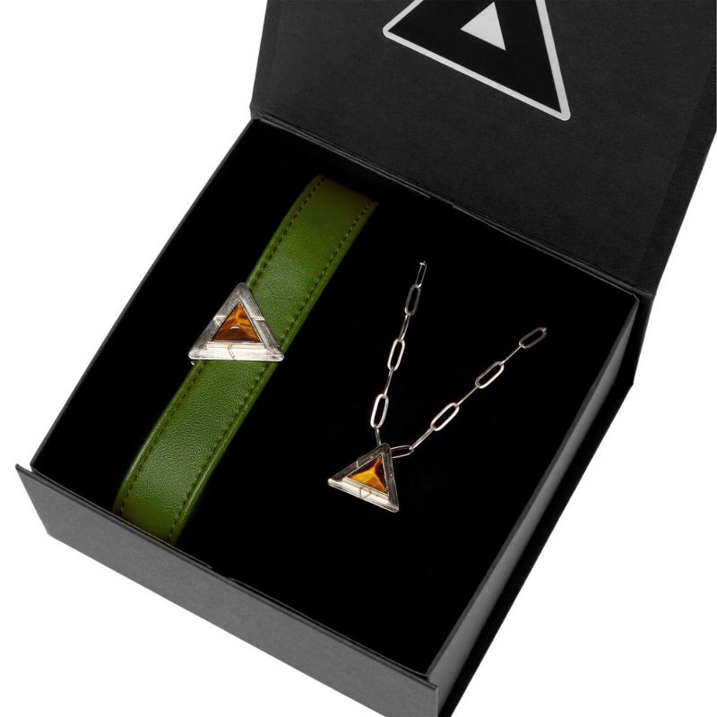 DIPHDA Luxury Match Your Pet Gift Box – Eco-friendly Vegan Leather Collar in Green w/ Tiger Eye Charm + Satelittle Triangle Crystal Necklace (Silver), 1 of 8