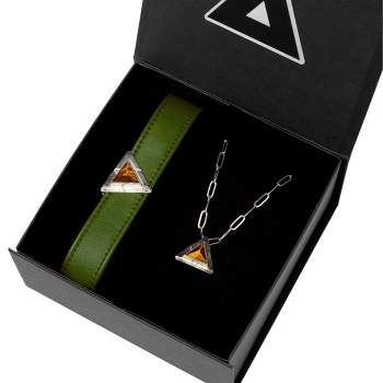 DIPHDA Luxury Match Your Pet Gift Box – Eco-friendly Vegan Leather Collar in Green w/ Tiger Eye Charm + Satelittle Triangle Crystal Necklace (Silver)