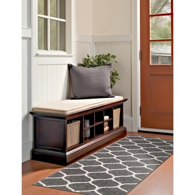 Modern Dark Gray and Ivory Synthetic Trellis Runner Rug