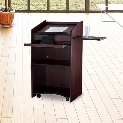 Mahogany Mobile Lectern with Shelves and Casters