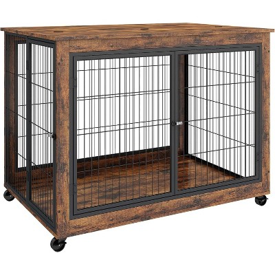 Furniture Style Dog Crate Side Table On Wheels with Double Doors and Lift Top. Rustic Brown, 43.7'' Wx 30'' D x 31.1'' H.