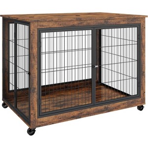 Furniture Style Dog Crate Side Table On Wheels with Double Doors and Lift Top. Rustic Brown, 43.7'' Wx 30'' D x 31.1'' H. - 1 of 4