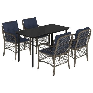 vidaXL 5-Piece Poly Rattan Patio Dining Set with Navy Blue Cushions, Glass Tabletop - UV-Resistant Outdoor Garden Furniture - 1 of 4