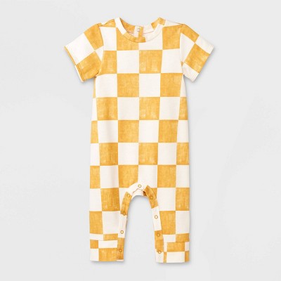 Image of Grayson Mini Baby Checkered French Terry Jumpsuit - Mustard Yellow Newborn