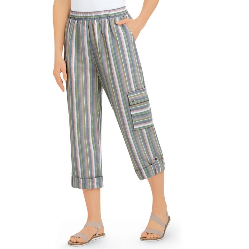 Collections Etc Striped Cargo Cuffed Hem with Button Tab Elasticized Waist Capris, 3 of 5