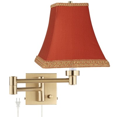 Barnes and Ivy Modern Swing Arm Wall Lamp Warm Antique Brass Plug-In Light Fixture Rust Orange Square Shade for Bedroom Reading