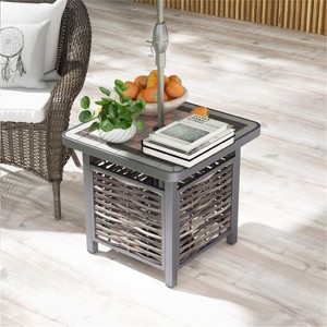 MOEPISY 21.5 Inches Outdoor PE Rattan Side Table Square End Table with Umbrella Hole - 1 of 4