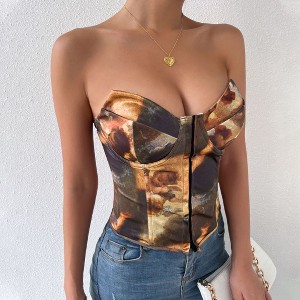 Coolmee Women's Vintage Printed Corset Overbust Bustier Tops Fishbone Front Button Down Bodyshaper Back Adjustable Strap Corset Tops L Brown - 1 of 4