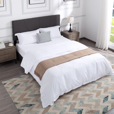 DOMETOUR Queen Size Platform Bed Frame with Upholstered Headboard and Wood Slats Support