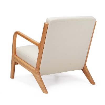Beige Linen and Oak Wood Mid Century Modern Accent Chair