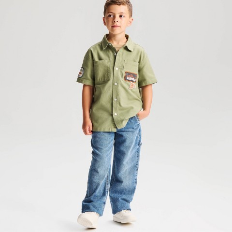Детские рубашки Cat & Jack Boys' Short Sleeve Relaxed Fit Button-Down Mechanic Shirt - Cat & Jack™ Olive Green XS