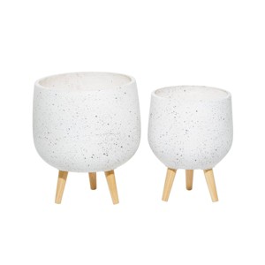 Set of 2 Contemporary Wood Oval Bowl Planters White - Olivia & May: Chic Fiber Clay Cauldron Design with Wooden Tripod Legs - 1 of 4