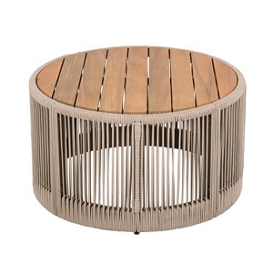 Set of 2 Outdoor Coffee Table Patio Cocktail Table Round Center Table End Table Accent Table Side Table with Rattan Rope&Acacia Wood Frame -ModernLuxe - 1 of 4