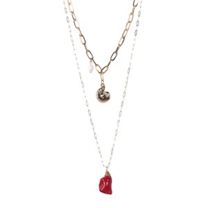 Slickblue Women's Necklace, Gold Double Chain with Shell, Red Stone, and Pearl Pendants, Layered Beach Style, 15.5"-23" - 1 of 4