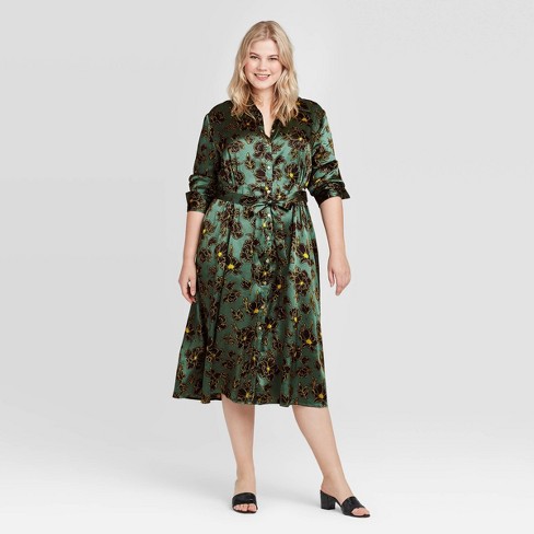 Women S Plus Size Long Sleeve Collared Silky Midi Shirtdress Who