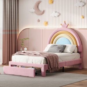 NicBex Twin/Full Upholstered Bed Frame with Rainbow Design Headboard for Kids,Velvet Princess Platform Bed with Storage Drawer,No Box Spring Needed - 1 of 4