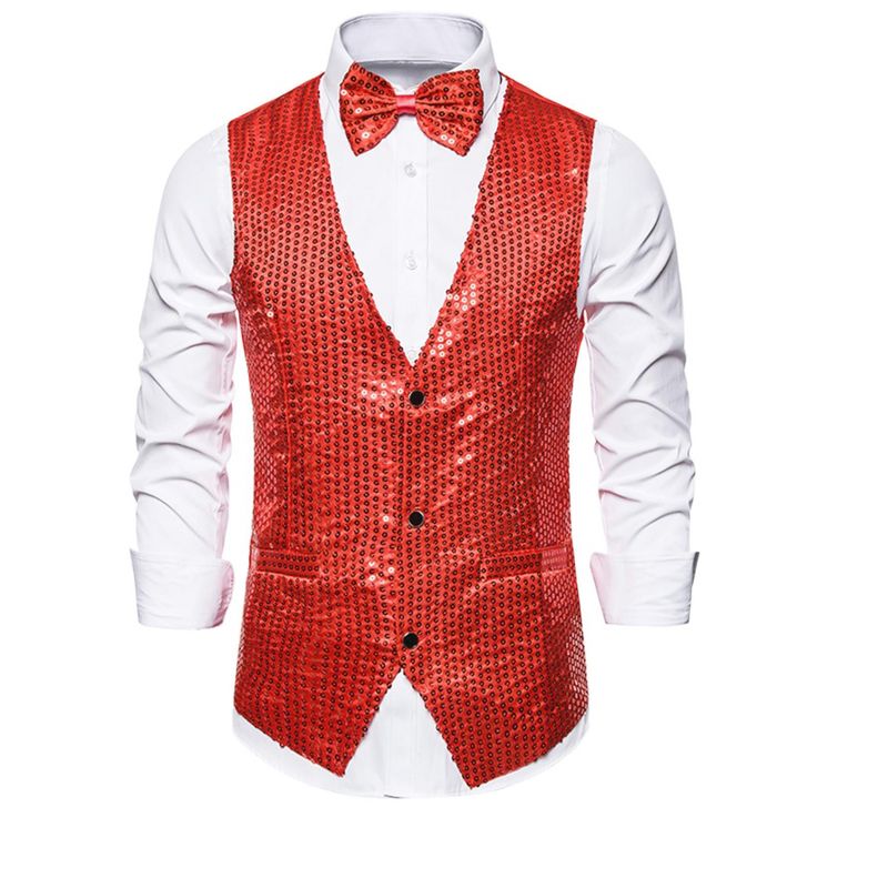 Lars Amadeus Men's Shiny Sequin Sleeveless Party Prom Suit Vest with Bow Tie, 1 of 7