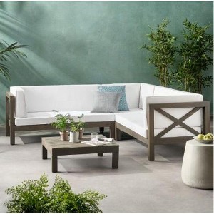 Sapphtopaz Mid-Century Modern 4-Piece Outdoor Patio Sofa Set, Modular Sectional Sofa with Coffee Table, Acacia Wood Outdoor Sofa Set with X-BACK - 1 of 4