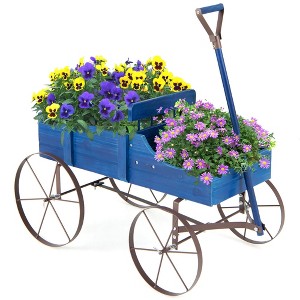 Tangkula Tangkula Wooden Garden Flower Planter Wagon Plant Bed W/ Wheel Garden Yard Blue - 1 of 4