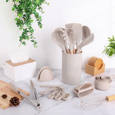 Itopfox 24 Pcs Kitchen Cooking Utensils Set, Heat Resistant Non-Stick Silicone Kitchen Utensil Set With Wooden Handles and Holder, Kitchen Gadgets