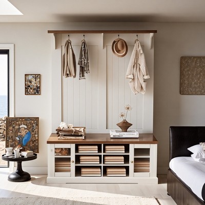 Luck Live Wardrobe shelf, portable hall storage coat rack with a long bench, equipped with 4 hooks for hanging coats, off-white in color