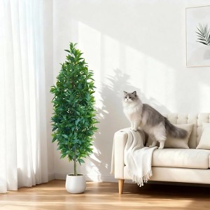 5FT Artificial Topiary Shrubs,Bay Leaf Trees for Outdoors Faux Silk Ficus Trees with Natural Trunk Plants for Home Office Front Porch Decor - 1 of 4