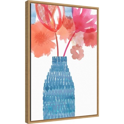27" x 19" Coral Pink Floral Canvas Print with Teal Vase