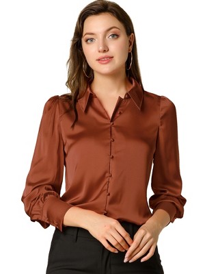 INSPIRE CHIC Women's Puff Long Sleeve Point Collar Vintage Button Work Satin Shirt