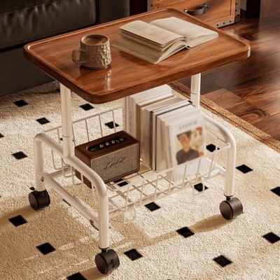 Side Table with Storage Basket, Small End Table for Small Spaces, Skinny Side Tables Living Room Bedroom, Bedside Table Space-Saving for Magazine