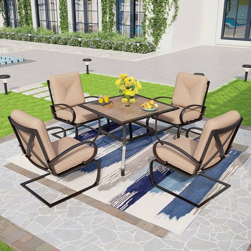 Captiva Designs 5pc Outdoor Patio Dining Set with Square Faux Wood Table with Umbrella Hole & 4 Metal Spring Motion Chairs, 1 of 8
