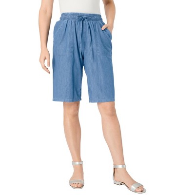 Roaman's Women's Plus Size Embroidered Chambray Bermuda Shorts