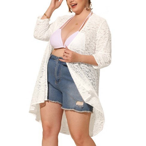 Agnes Orinda Women s Plus Size Lace Sheer High Low 3 4 Sleeve Open Front Cardigan White 2X