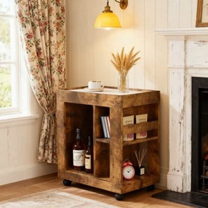 Homy Casa Rustic Bar Cabinet with Marble Top and Wheels, Brown – Mobile Storage Cart for Kitchen & Living Room - 1 of 4