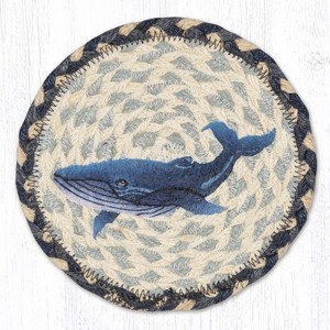 Earth Rugs Round Blue Whale Coaster – 7" Braided Jute Mat with Nautical Ocean-Inspired Design in Coastal Blue and Natural Tones - 1 of 3