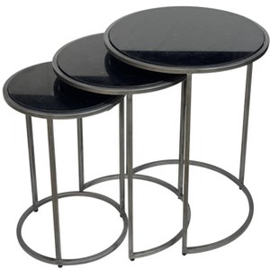 HomeRoots Set of Three Black and Gray Marble and Iron Round Frame Nested Tables - 1 of 4